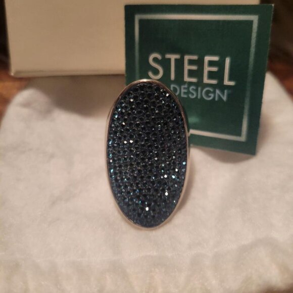 Steel By Design Dark Blue Pave Crystal & Stainless Steel Statement Ring - Size 7 - Picture 1 of 4